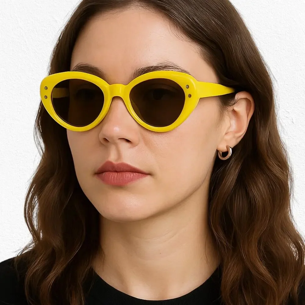 1950s Vintage Yellow Mod Cat Eye Sunglasses Bold Oval Frame Retro Funky Eyewear